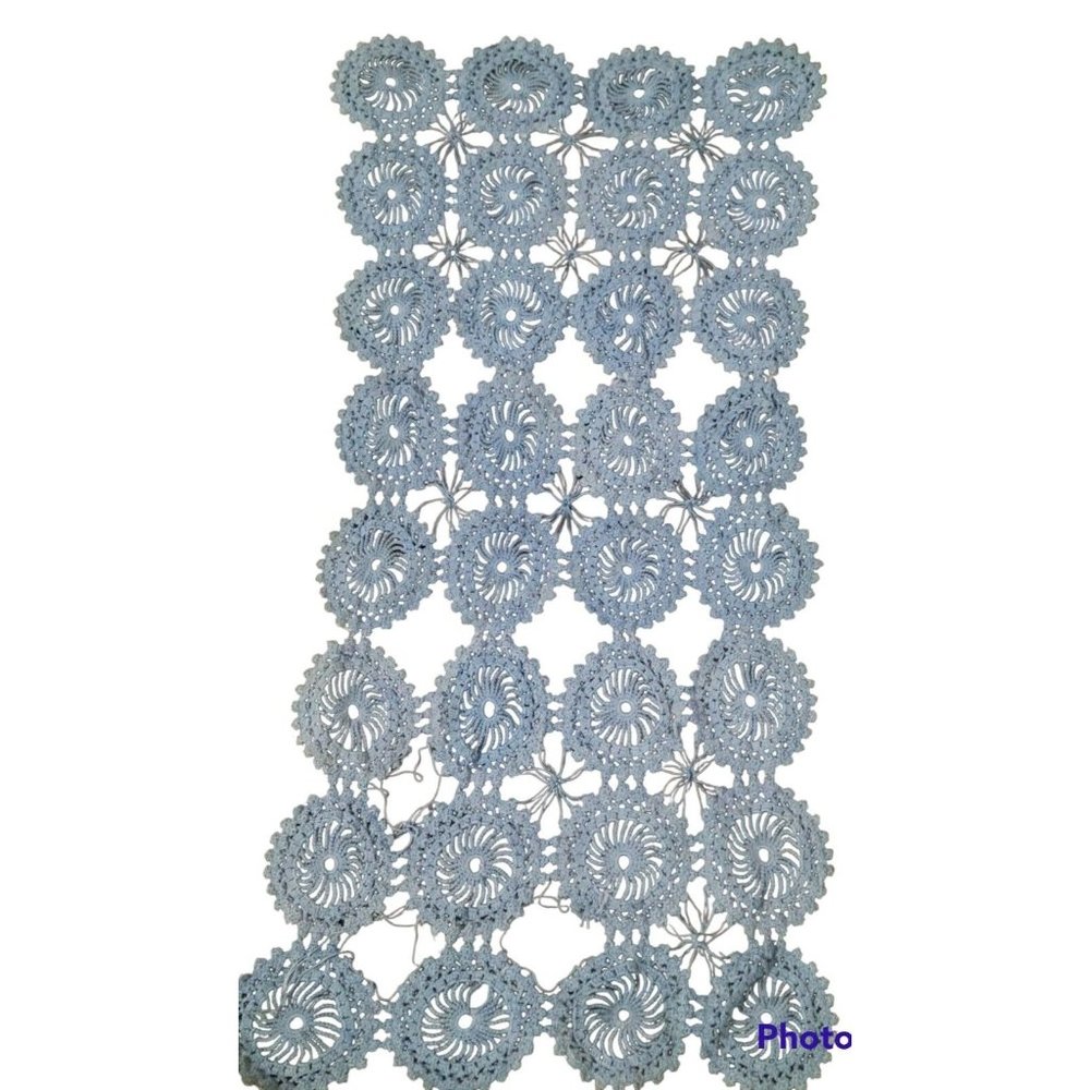 Filet Crochet Cotton Doily Dresser Scarf Table Runner Placemat Blue 8x18in Vtg